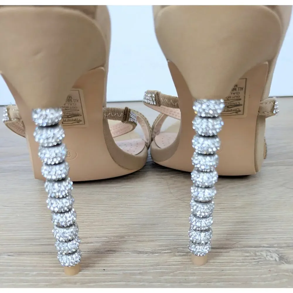 Azalea Wang Galaxy Heels 6 Nude Strappy Rhinestone Wrapped Stiletto Dressy NEW